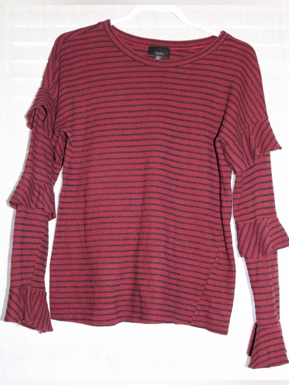 Lumiere Maroon & Black Striped Ruffle Sleeve Blouse Medium
